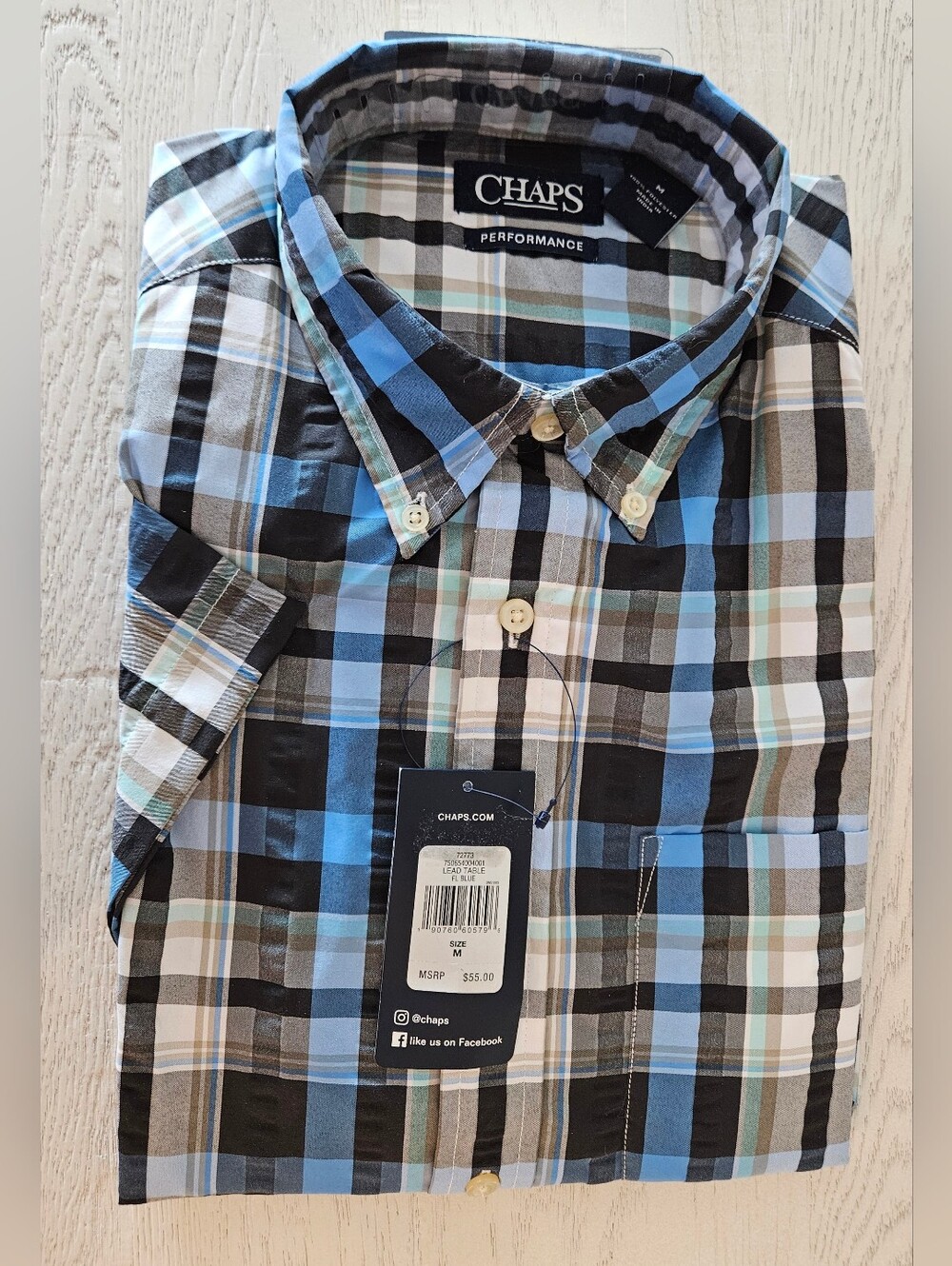 Chaps Performance Shirt Men’s Blue Plaid Short Sleeve Button Down Medium NWT